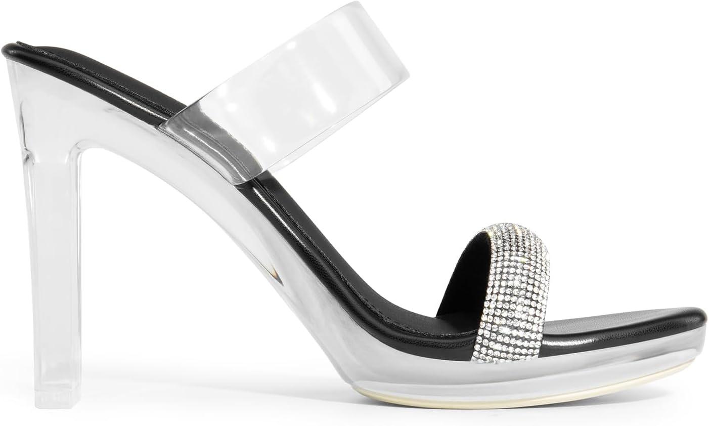 image:imageDREAM PAIRS Womens Clear Two Strap Open Toe High Block Chunky Slip on Dress Heel SandalsBlackrhinestone