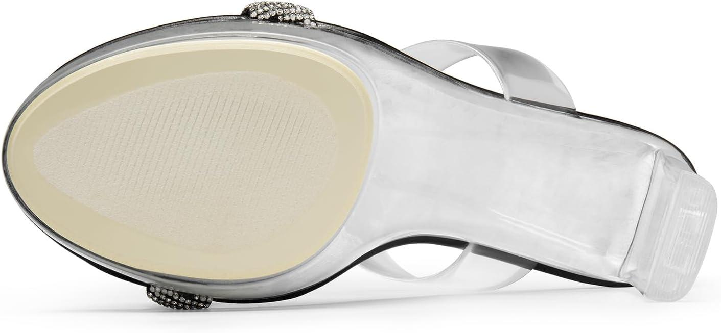 image:imageDREAM PAIRS Womens Clear Two Strap Open Toe High Block Chunky Slip on Dress Heel SandalsBlackrhinestone