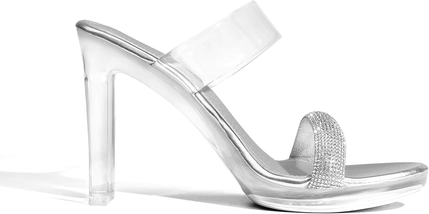 image:imageDREAM PAIRS Womens Clear Two Strap Open Toe High Block Chunky Slip on Dress Heel SandalsSilver Clear