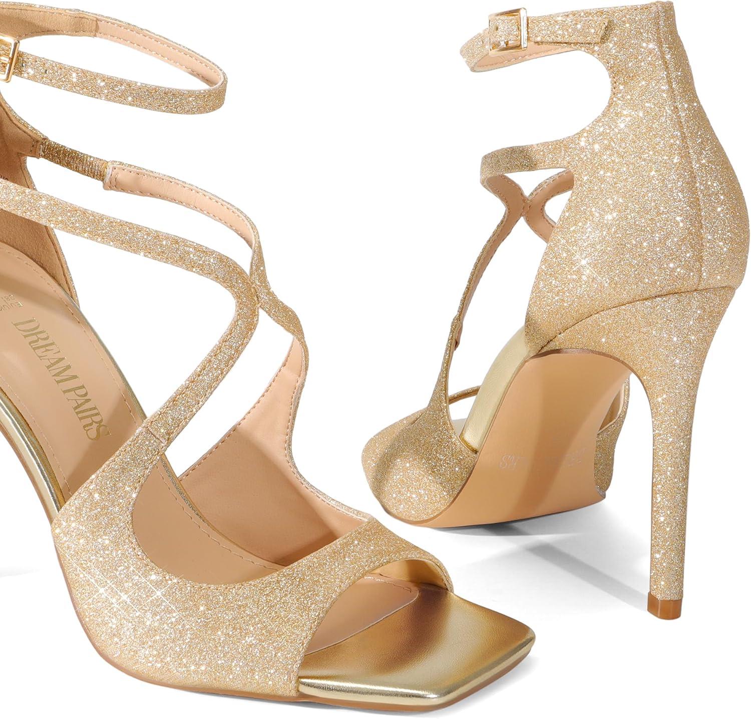 image:imageDREAM PAIRS Womens High Heels Sexy Cross Square Open Toe Strappy Dressy Sexy Stylish Stilettos Heels SandalsGoldglitter