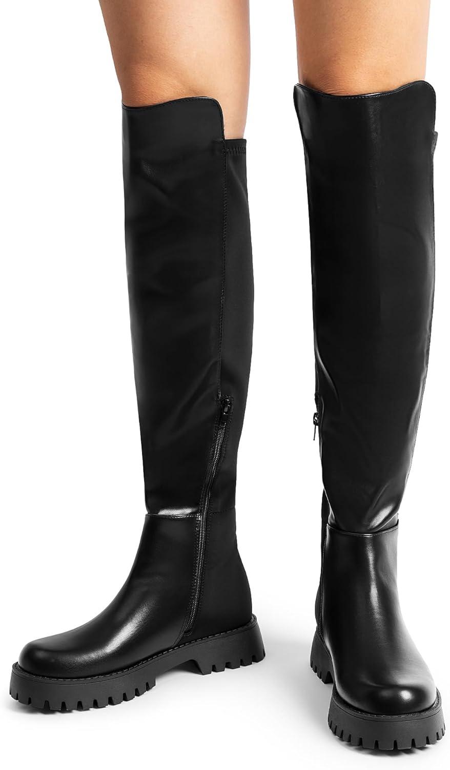 image:imageDREAM PAIRS Womens Knee High Boots Platform Chunky Heel Thigh High Fashion Over The Knee Boots SDOB2407WBlack