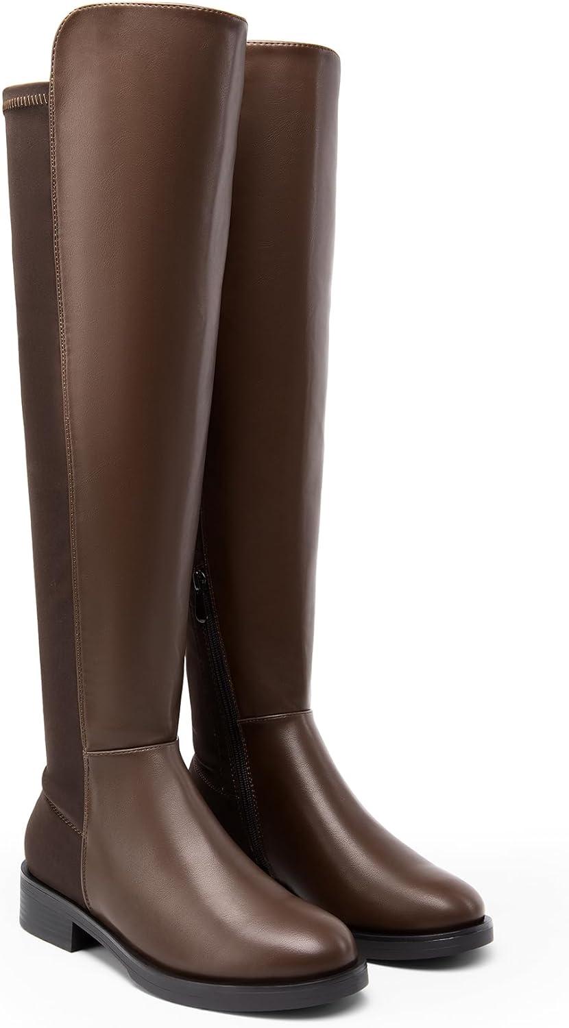 image:imageDREAM PAIRS Womens Knee High Boots Platform Chunky Heel Thigh High Fashion Over The Knee Boots SDOB2407WBrownpu