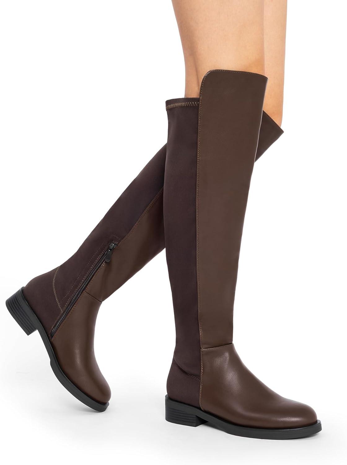 image:imageDREAM PAIRS Womens Knee High Boots Platform Chunky Heel Thigh High Fashion Over The Knee Boots SDOB2407WBrownpu