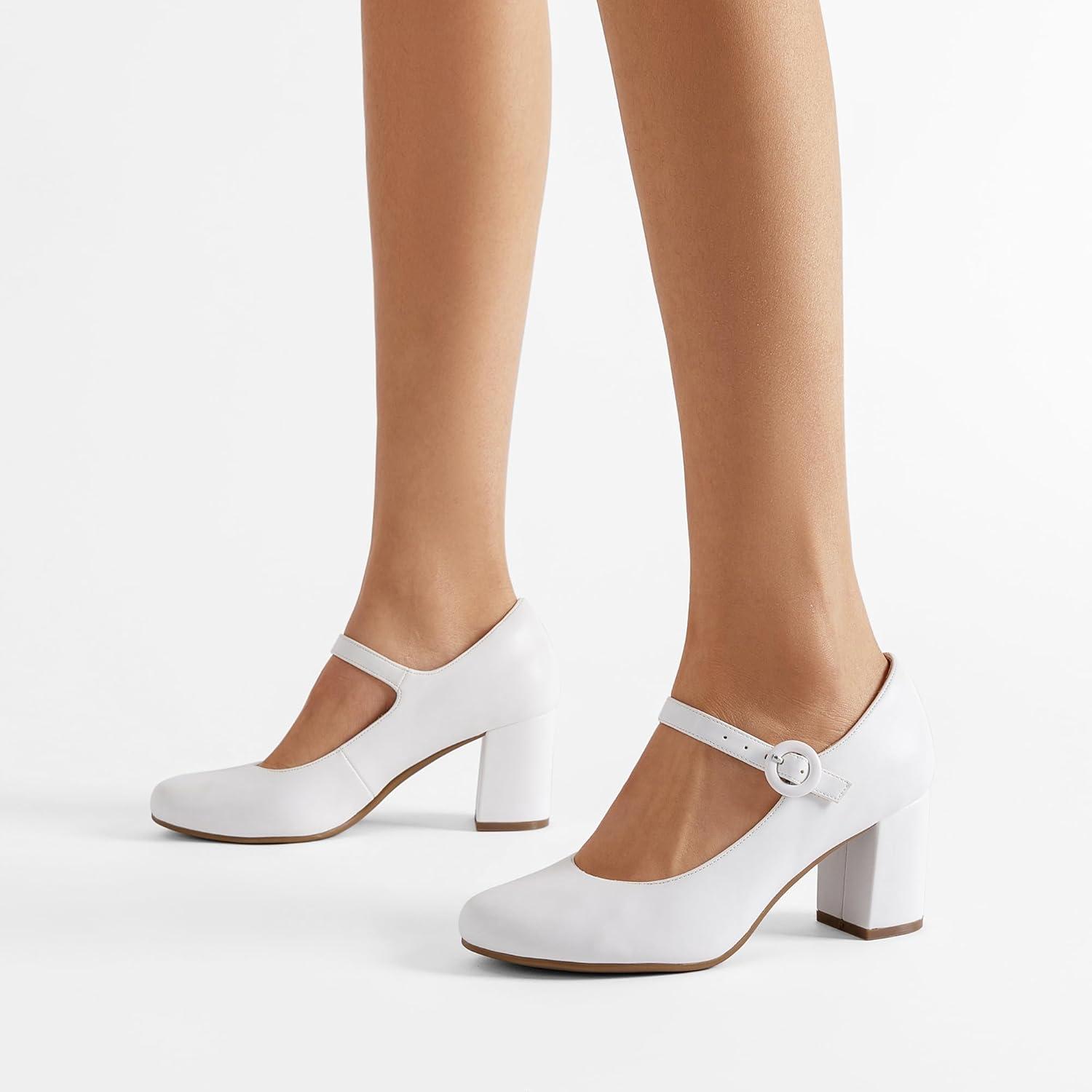 image:imageDREAM PAIRS Womens Mary Jane Shoes Chunky Heel 276 Inch Round Toe Vintage Office Work Pumps Comfortable Low Block Heels Dress Shoes for WomenWhite