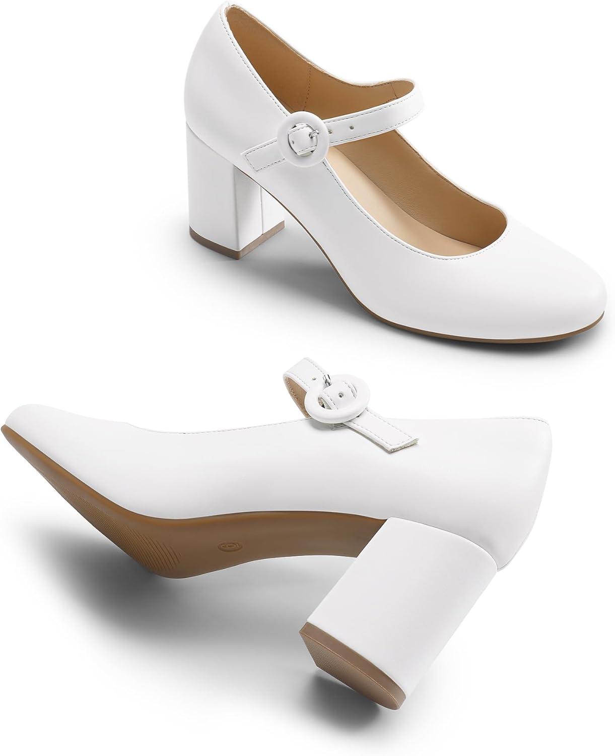 image:imageDREAM PAIRS Womens Mary Jane Shoes Chunky Heel 276 Inch Round Toe Vintage Office Work Pumps Comfortable Low Block Heels Dress Shoes for WomenWhite