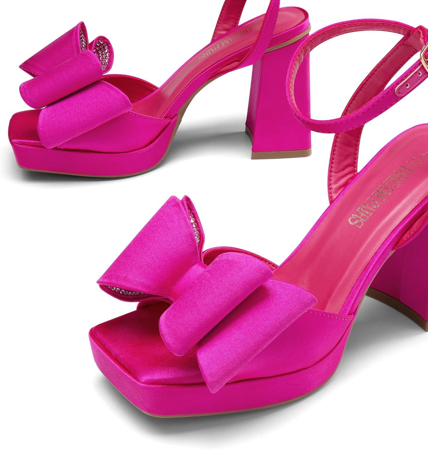 image:imageDREAM PAIRS Womens Platform Chunky Heels Fashion Bowknots High Block Square Toe Dress Sandals for Wedding Bridal PartyHot Pinksatin
