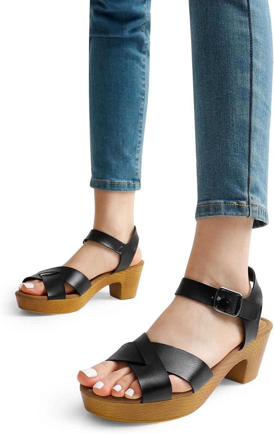 image:imageDREAM PAIRS Womens Platform Chunky Heels Faux Wood Block Heels Cute Open Toe Ankle Strap Crisscross Mid Heels Wedding Party Dance Pump Sandals ShoesSize 8BlackSDHS2347W