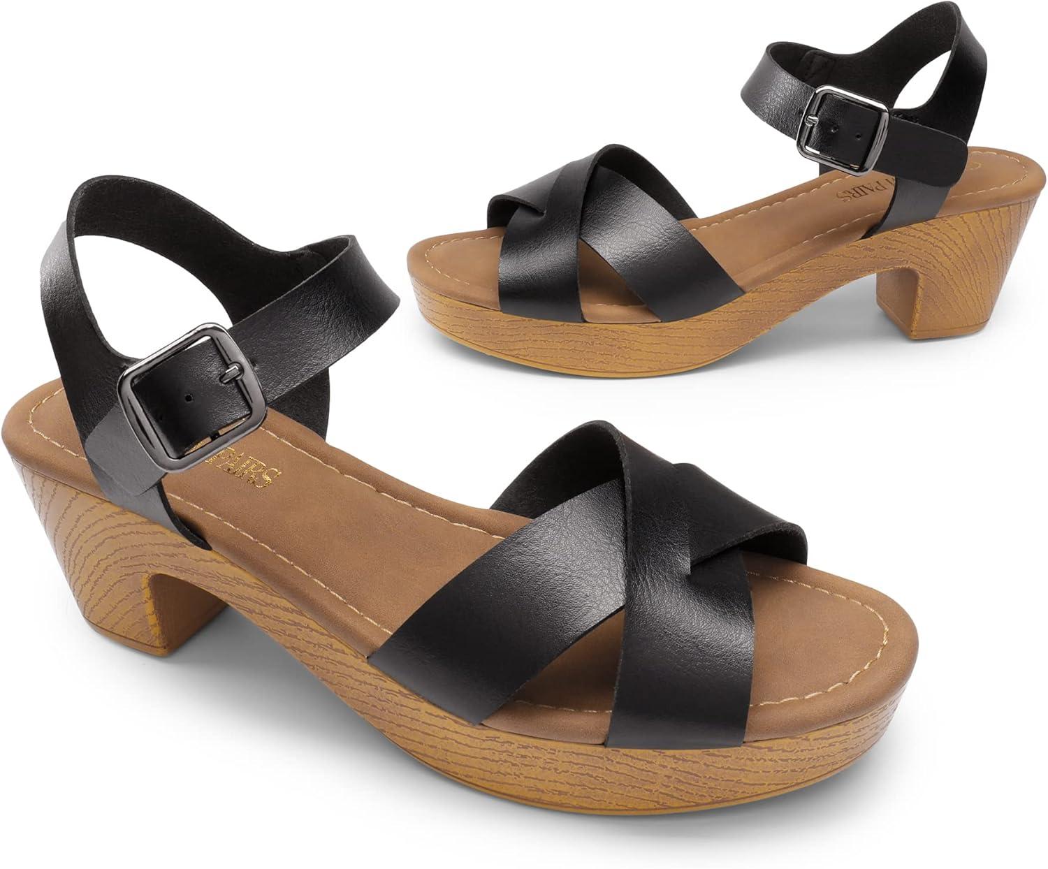 image:imageDREAM PAIRS Womens Platform Chunky Heels Faux Wood Block Heels Cute Open Toe Ankle Strap Crisscross Mid Heels Wedding Party Dance Pump Sandals ShoesSize 8BlackSDHS2347W