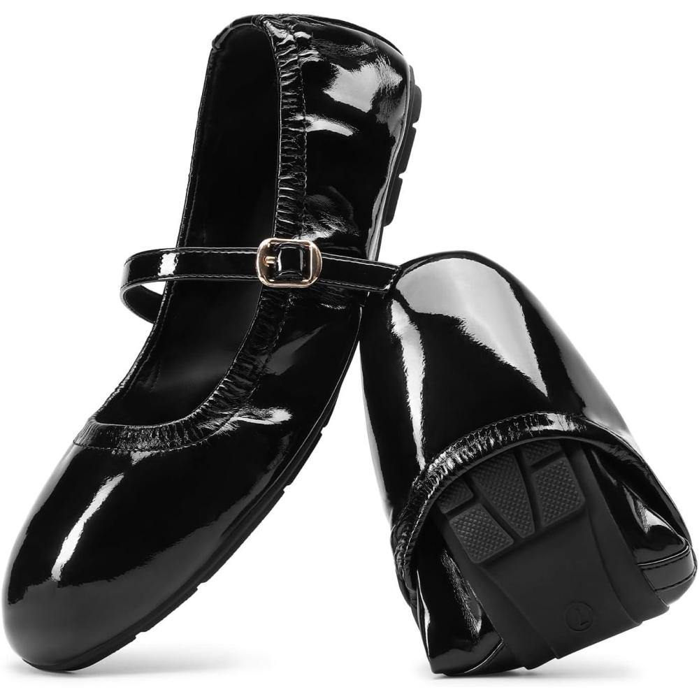 image:imageDREAM PAIRS Womens Ballet Flats Foldable Square Toe Mary Jane Flats Comfortable Slip On Dress Shoes Business Casual Work Mary Jane ShoesBlackpat