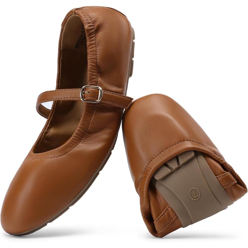 image:imageDREAM PAIRS Womens Ballet Flats Foldable Square Toe Mary Jane Flats Comfortable Slip On Dress Shoes Business Casual Work Mary Jane ShoesBrown