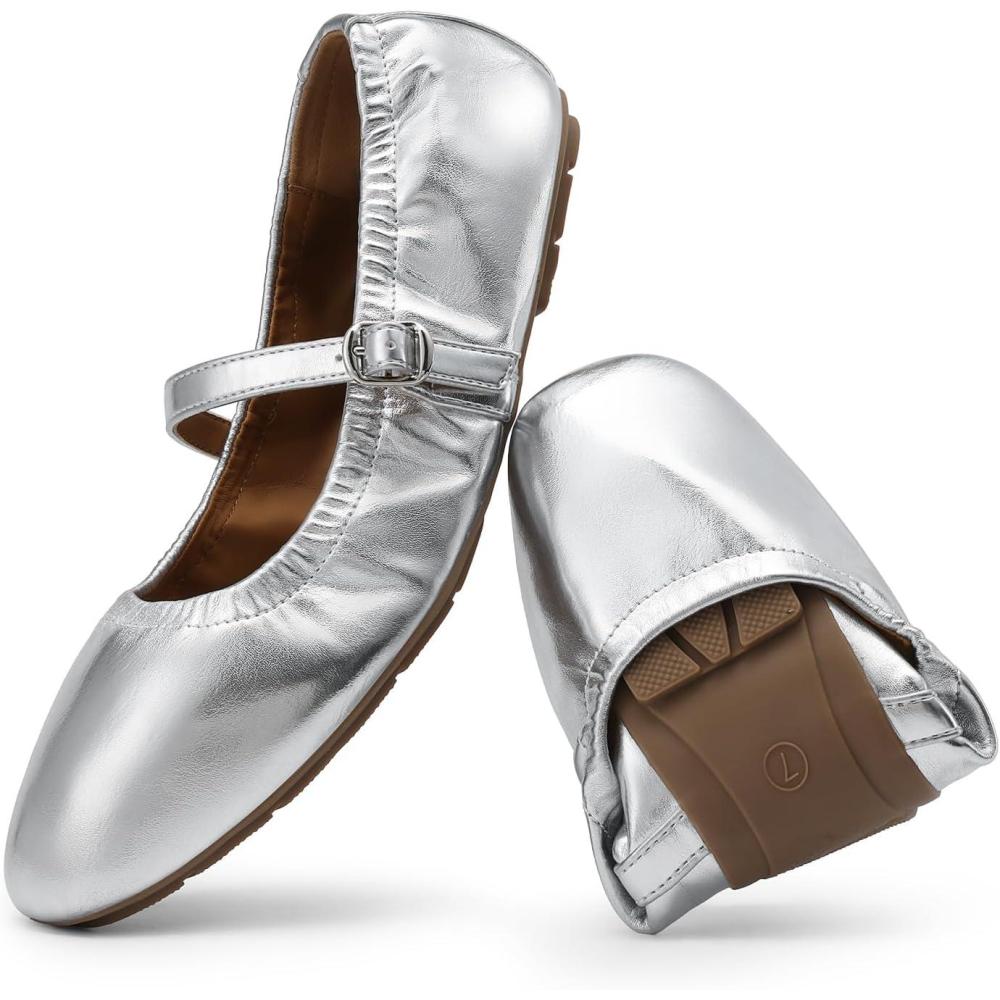 image:imageDREAM PAIRS Womens Ballet Flats Foldable Square Toe Mary Jane Flats Comfortable Slip On Dress Shoes Business Casual Work Mary Jane ShoesSilver