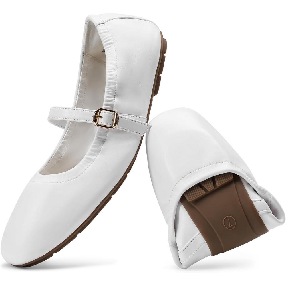 image:imageDREAM PAIRS Womens Ballet Flats Foldable Square Toe Mary Jane Flats Comfortable Slip On Dress Shoes Business Casual Work Mary Jane ShoesWhite