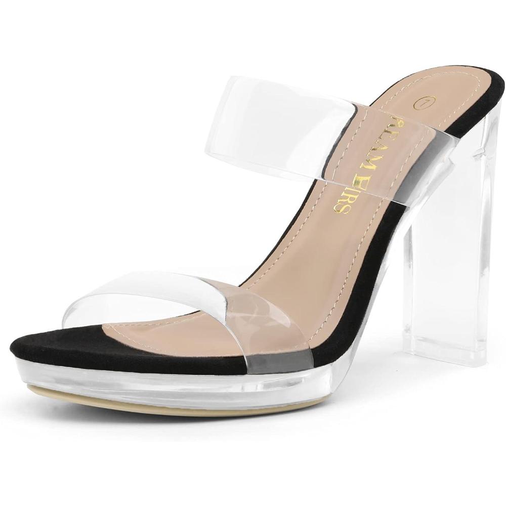 image:imageDREAM PAIRS Womens Clear Two Strap Open Toe High Block Chunky Slip on Dress Heel SandalsBlackClear