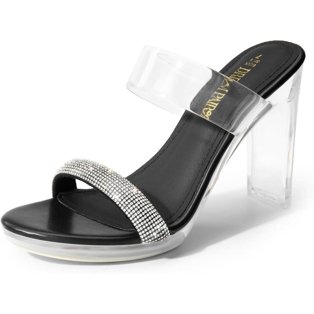 image:imageDREAM PAIRS Womens Clear Two Strap Open Toe High Block Chunky Slip on Dress Heel SandalsBlackrhinestone