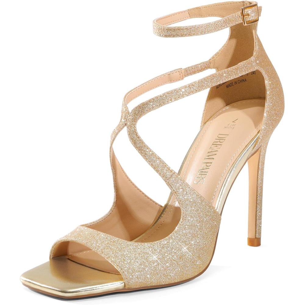 image:imageDREAM PAIRS Womens High Heels Sexy Cross Square Open Toe Strappy Dressy Sexy Stylish Stilettos Heels SandalsGoldglitter