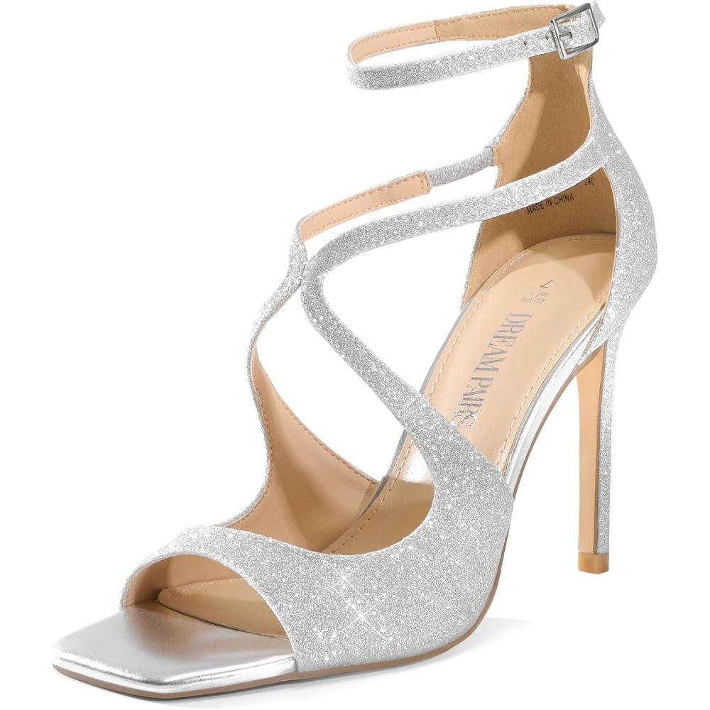 image:imageDREAM PAIRS Womens High Heels Sexy Cross Square Open Toe Strappy Dressy Sexy Stylish Stilettos Heels SandalsSilverglitter
