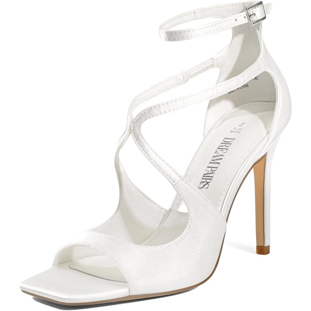image:imageDREAM PAIRS Womens High Heels Sexy Cross Square Open Toe Strappy Dressy Sexy Stylish Stilettos Heels SandalsWhitesatin