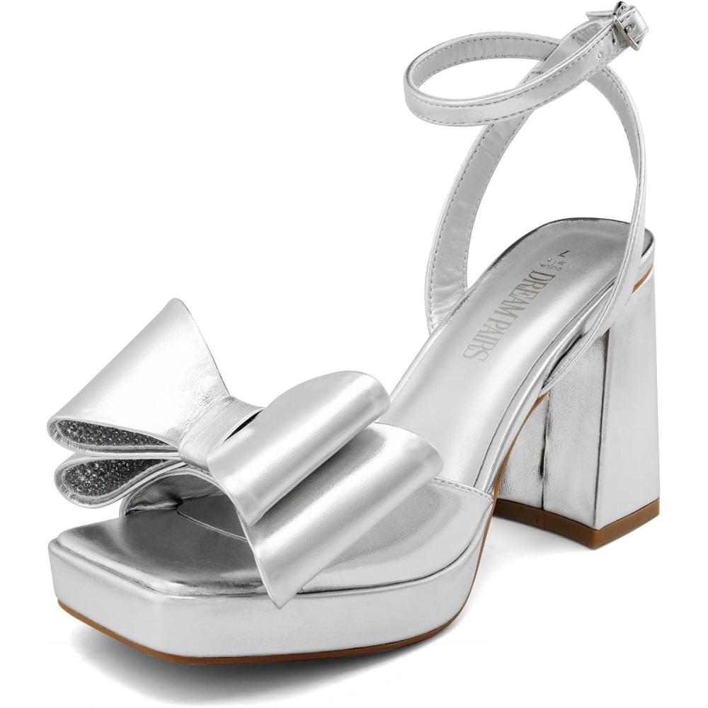 image:imageDREAM PAIRS Womens Platform Chunky Heels Fashion Bowknots High Block Square Toe Dress Sandals for Wedding Bridal PartySilverpu