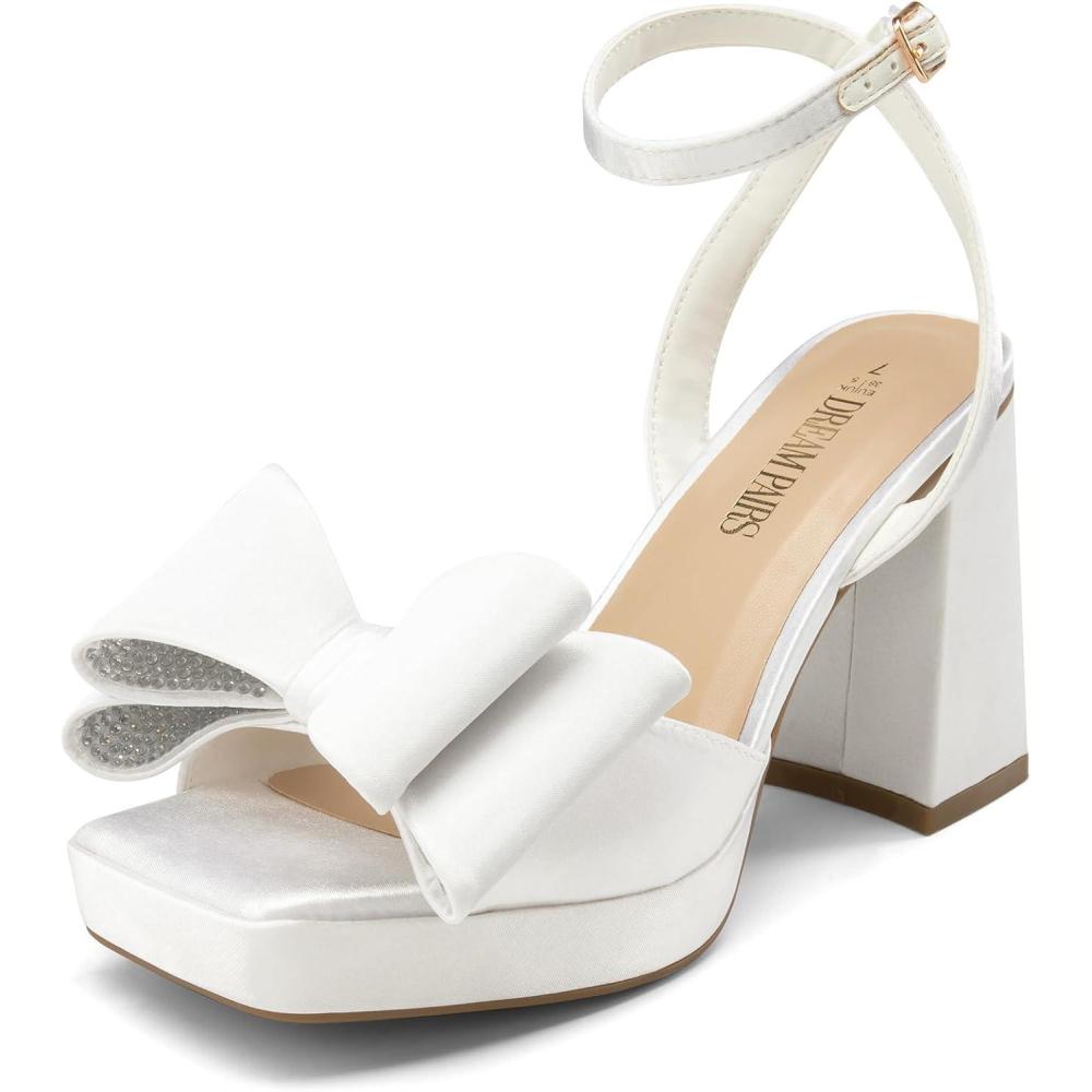 image:imageDREAM PAIRS Womens Platform Chunky Heels Fashion Bowknots High Block Square Toe Dress Sandals for Wedding Bridal PartyWhitesatin