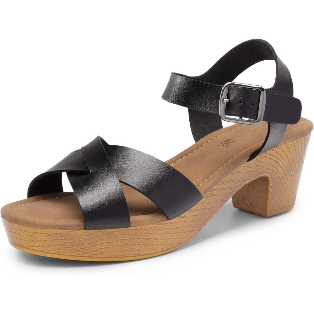 image:imageDREAM PAIRS Womens Platform Chunky Heels Faux Wood Block Heels Cute Open Toe Ankle Strap Crisscross Mid Heels Wedding Party Dance Pump Sandals ShoesSize 8BlackSDHS2347W
