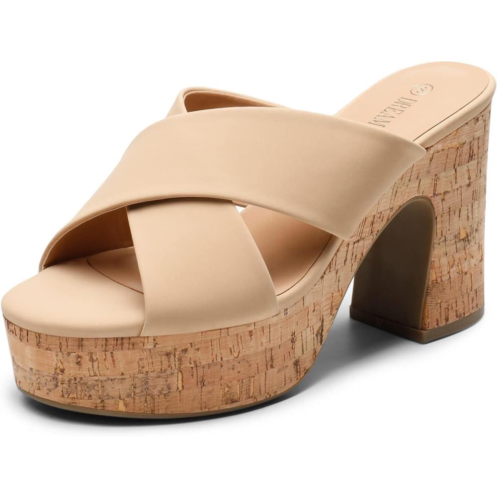 image:imageDREAM PAIRS Womens Platform Heels Open Toe Slip on Heels for Women High Chunky Block Wedges Sandals Dressy Pumps ShoesNude