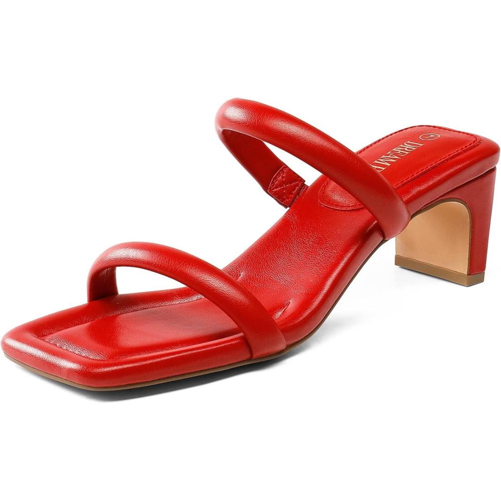 image:imageDREAM PAIRS Womens Square Toe Heels for Women Two Strap Open Toe Low Block Chunky Heels Sandals Dress Pumps ShoesRed