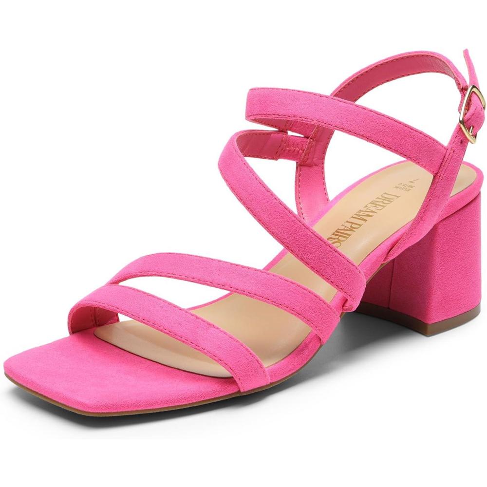 image:imageDREAM PAIRS Womens Strappy Chunky Heels Low Block Square Open Toe Sandals Dress Party ShoesHot Pinksuede