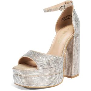 DREAM PAIRS High Heels Chunky Block Platform Heels for Women Ankle Strap Sexy Open Square Toe Heels Dressy Pumps Sandals(Rose Gold-rhinestone)