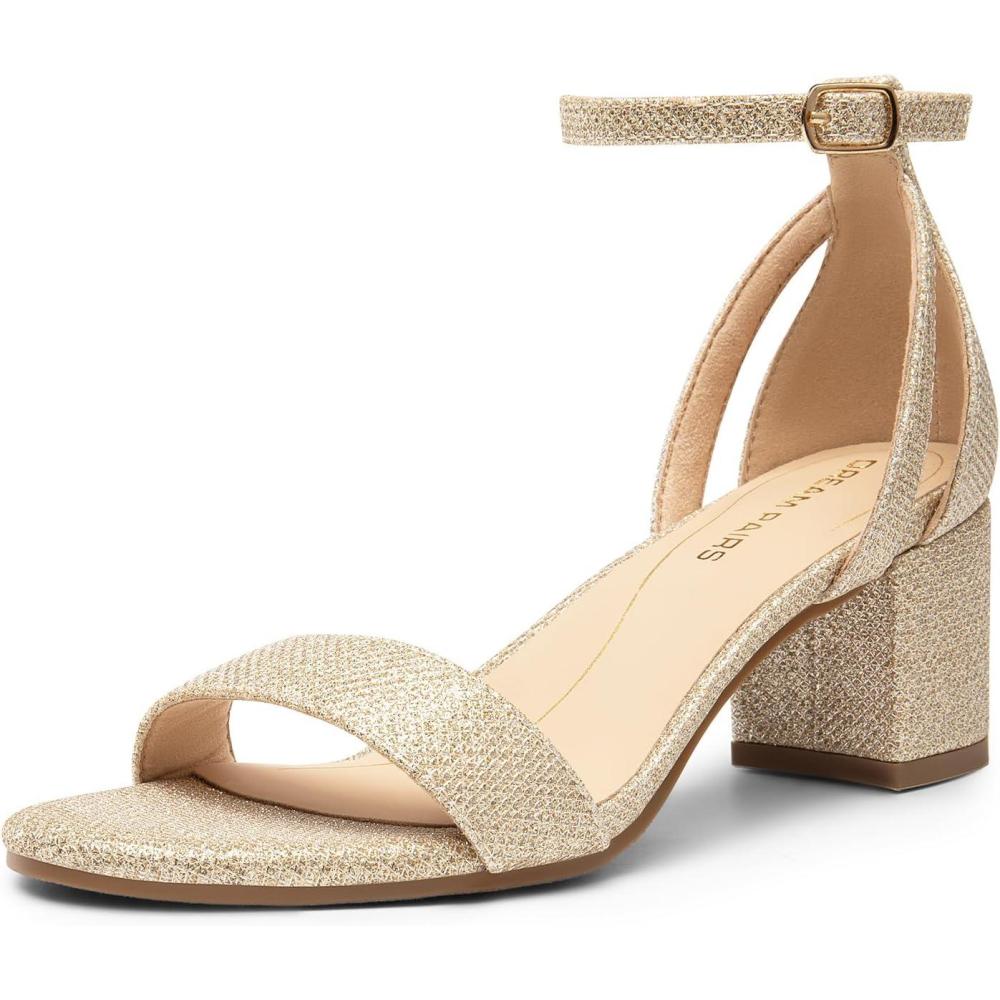 image:imageDREAM PAIRS Womens Chunky Low Heels Open Round Toe Ankle Strap Block Heels Party Dress Wedding SandalsGoldglitter