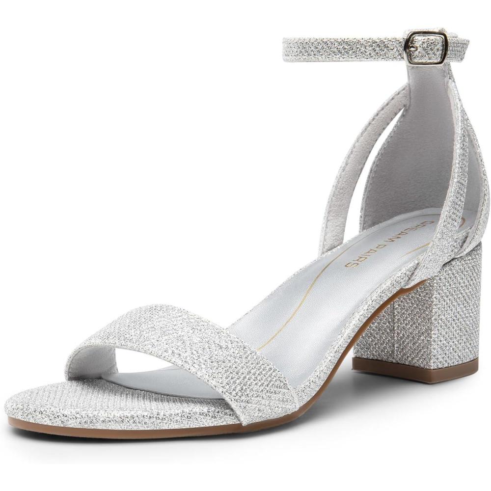 image:imageDREAM PAIRS Womens Chunky Low Heels Open Round Toe Ankle Strap Block Heels Party Dress Wedding SandalsSilverglitter