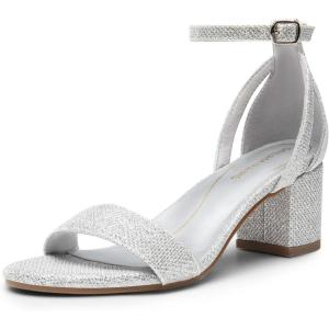 DREAM PAIRS Women’s Chunky Low Heels Open Round Toe Ankle Strap Block Heels Party Dress Wedding Sandals(Silver-glitter)