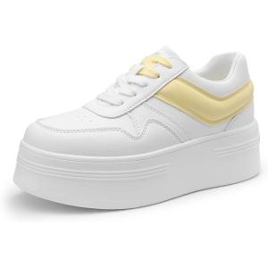 DREAM PAIRS Women’s Platform Casual Sneakers(White/Yellow)