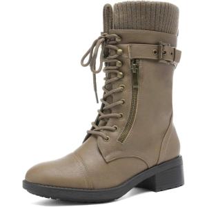 DREAM PAIRS Women’s Winter Lace up Mid Calf Combat Riding Military Boots(Khaki)