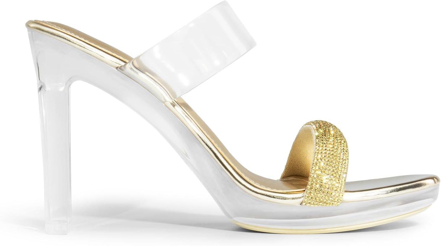 image:imageDREAM PAIRS Womens Clear Two Strap Open Toe High Block Chunky Slip on Dress Heel SandalsGoldrhinestone