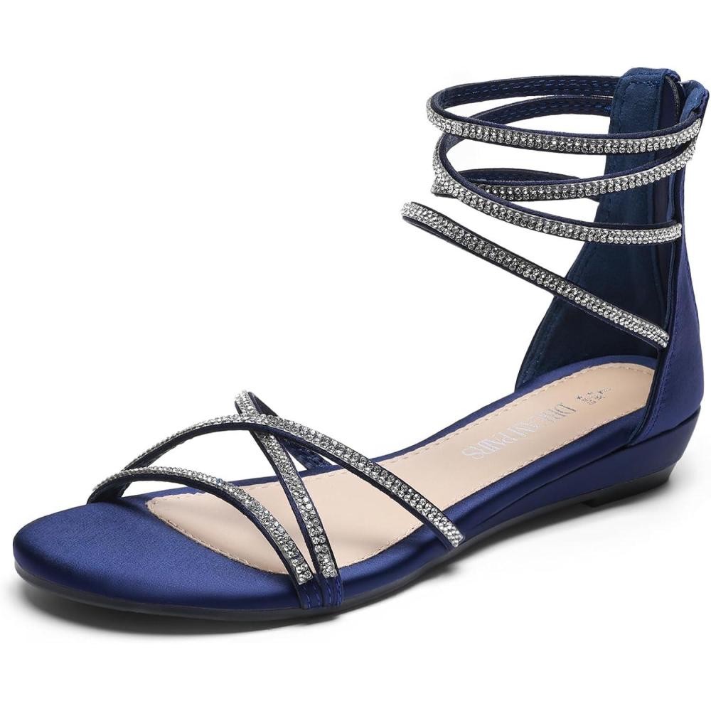 image:imageDREAM PAIRS Womens Ankle Strap Flat Sandals Summer Dressy Strappy Gladiator Rhinestones SandalsNavy