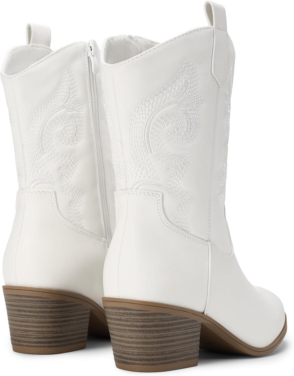 image:imageDREAM PAIRS Cowboy Boots for Women Mid Calf Cowgirl Boots with Embroidery Round Toe Western Chunky Low Heel ShoesAll White