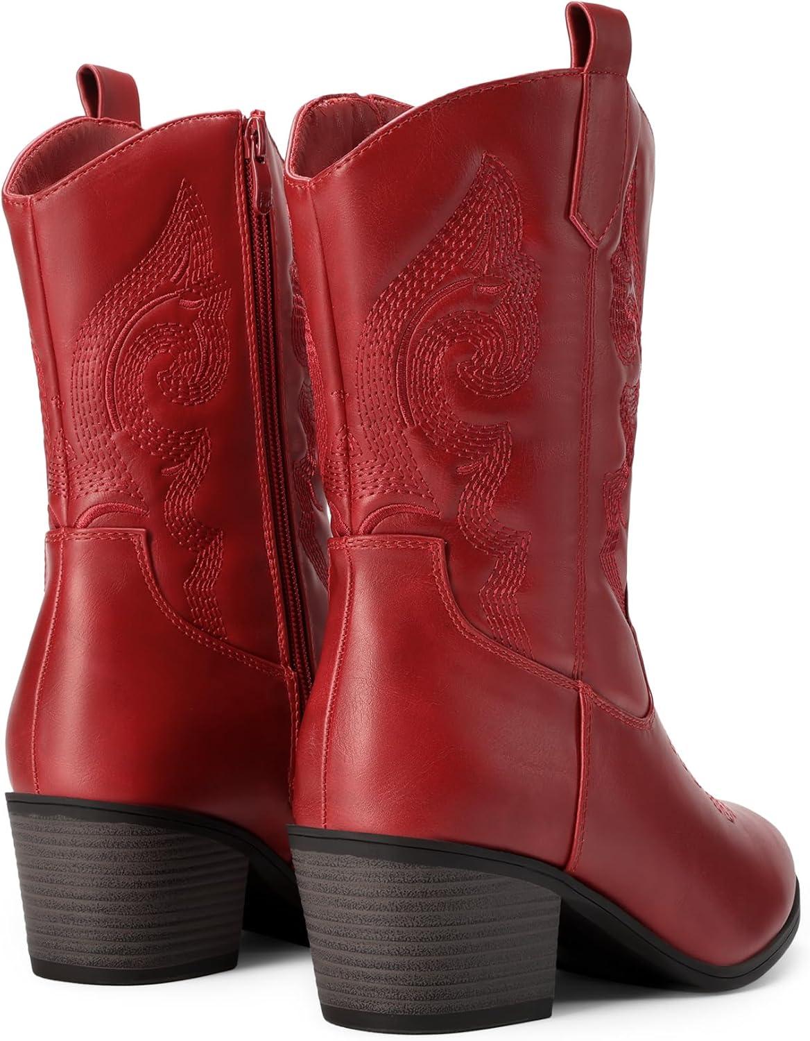 image:imageDREAM PAIRS Cowboy Boots for Women Mid Calf Cowgirl Boots with Embroidery Round Toe Western Chunky Low Heel ShoesRed