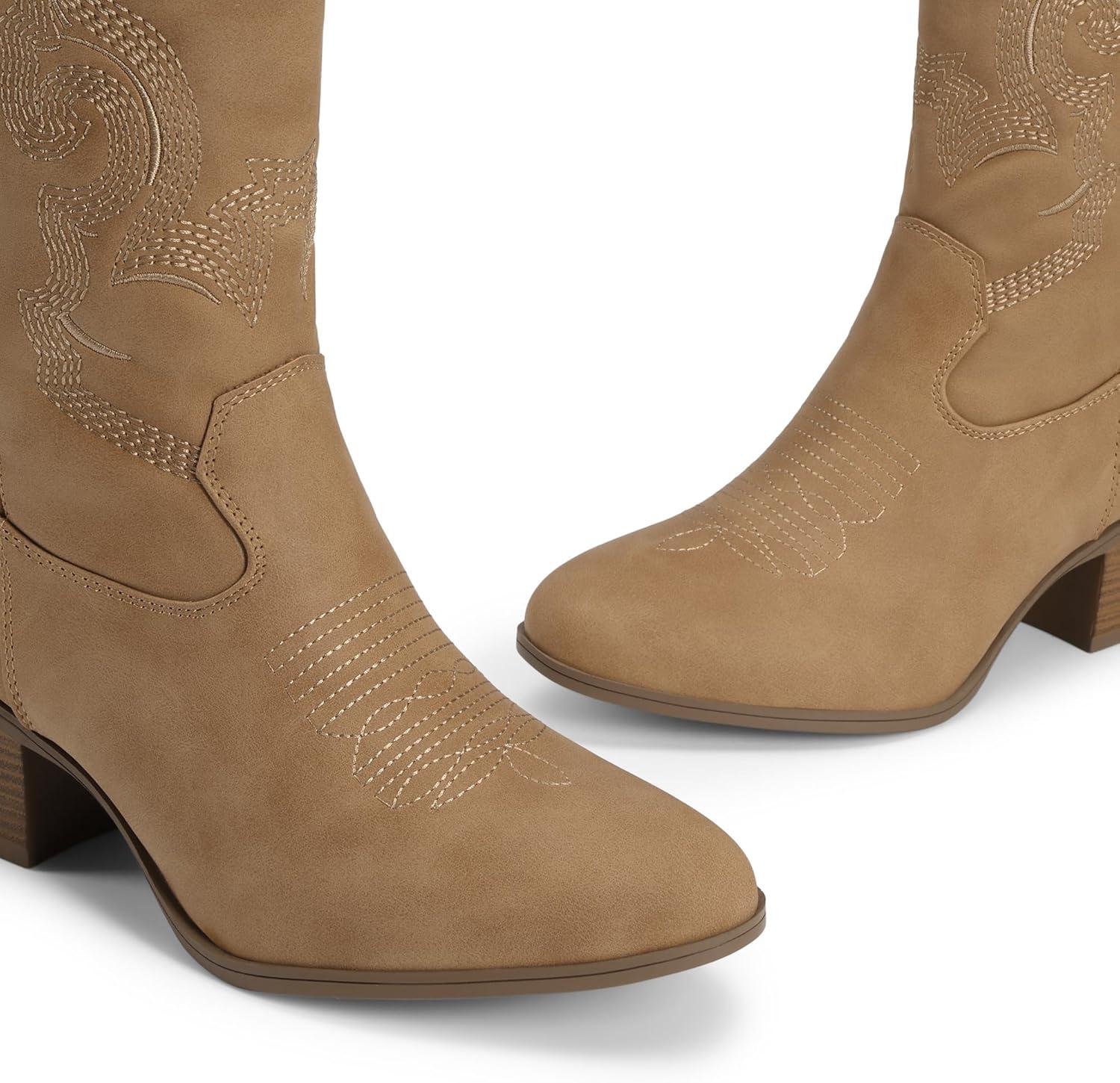 image:imageDREAM PAIRS Cowboy Boots for Women Mid Calf Cowgirl Boots with Embroidery Round Toe Western Chunky Low Heel ShoesTan