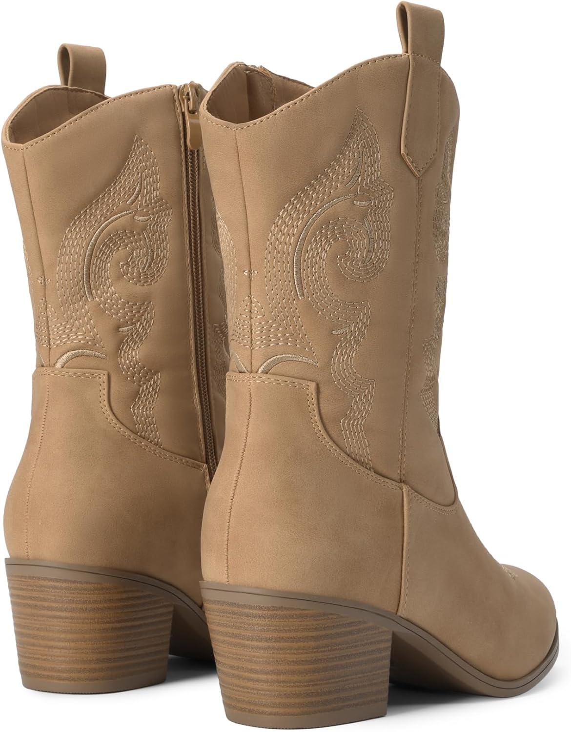 image:imageDREAM PAIRS Cowboy Boots for Women Mid Calf Cowgirl Boots with Embroidery Round Toe Western Chunky Low Heel ShoesTan