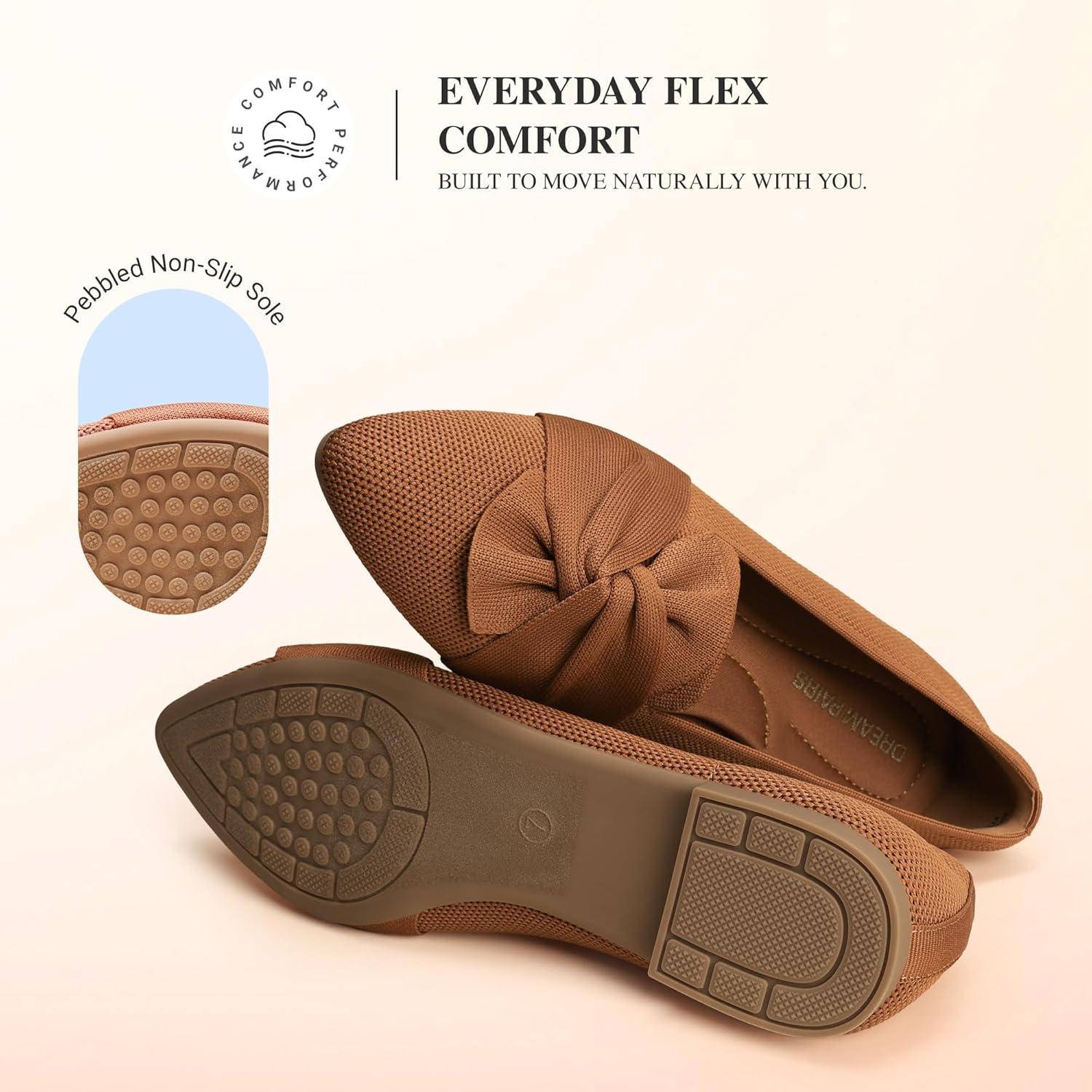 image:imageDREAM PAIRS Flats for Women Pointed Toe Foldable Knit Ballet Flats Comfortable SlipOn Dress Shoes Elegant Bow Flats for Work Office Business Casual TravelBrown