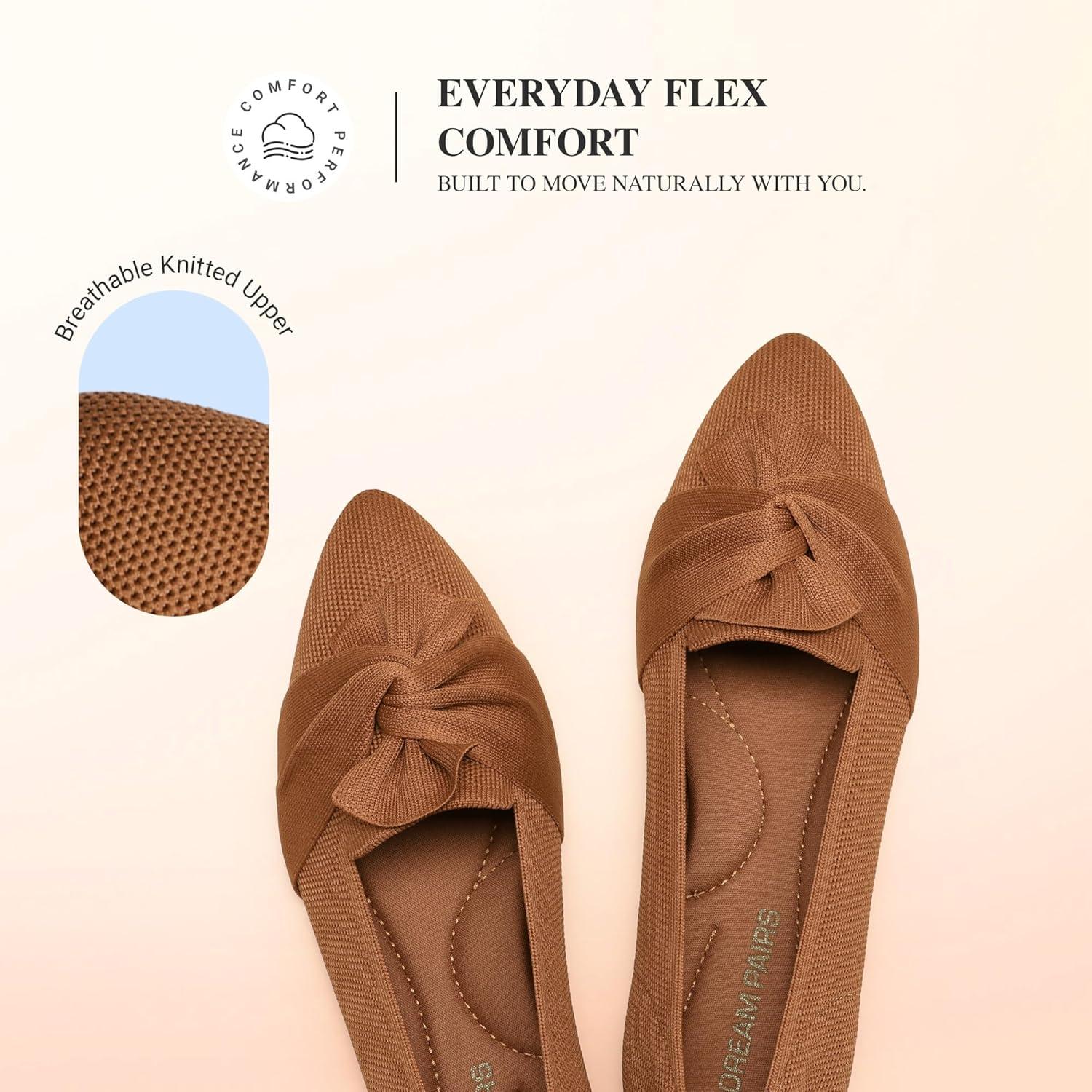 image:imageDREAM PAIRS Flats for Women Pointed Toe Foldable Knit Ballet Flats Comfortable SlipOn Dress Shoes Elegant Bow Flats for Work Office Business Casual TravelBrown