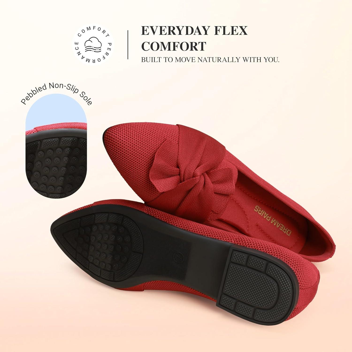image:imageDREAM PAIRS Flats for Women Pointed Toe Foldable Knit Ballet Flats Comfortable SlipOn Dress Shoes Elegant Bow Flats for Work Office Business Casual TravelRed