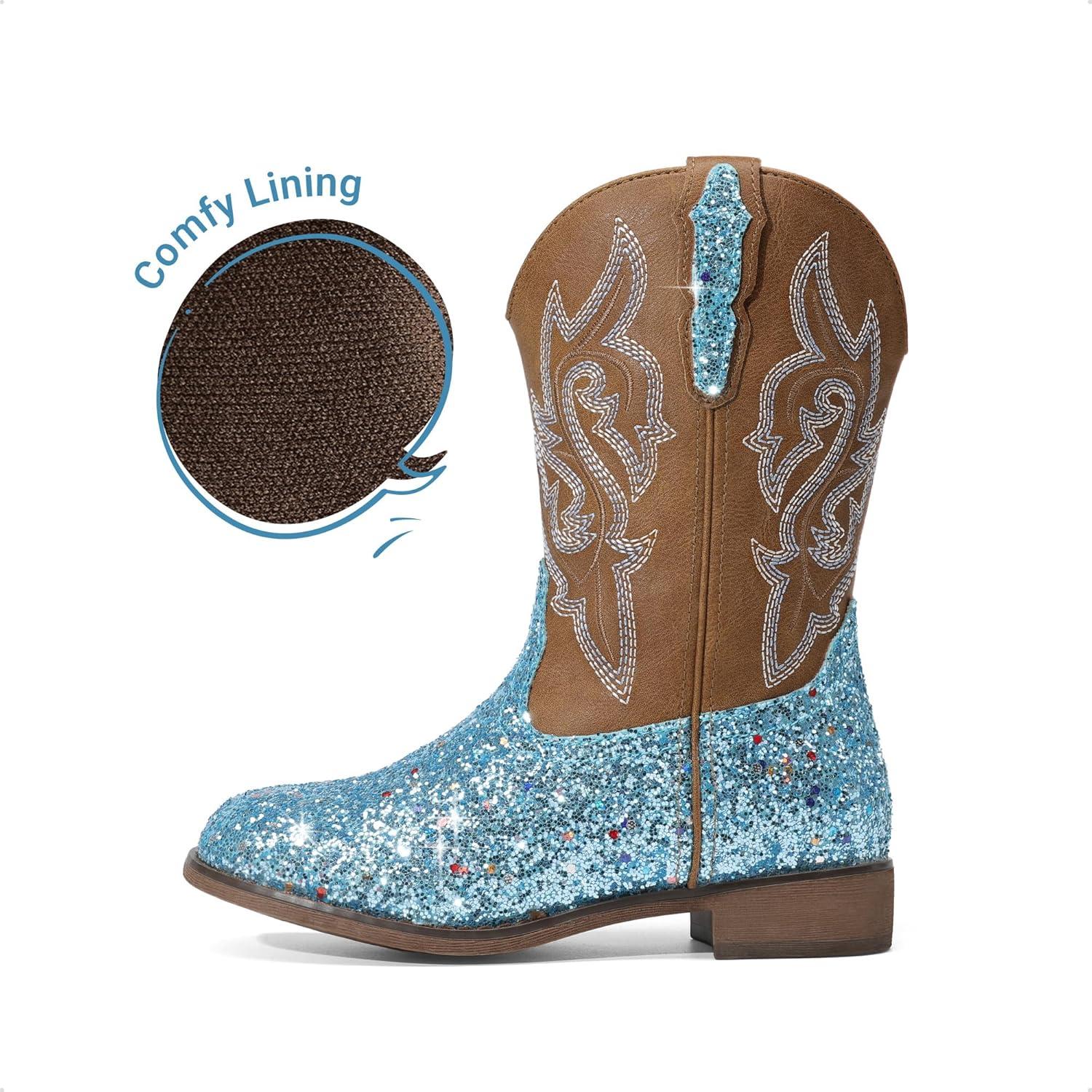 image:imageDREAM PAIRS Girls Cowgirl Boots Glitter Toddler Cowboy Boots Child Mid Calf Riding Shoes Party Birthday Dress Up for ToddlerLittleBig KidBlue