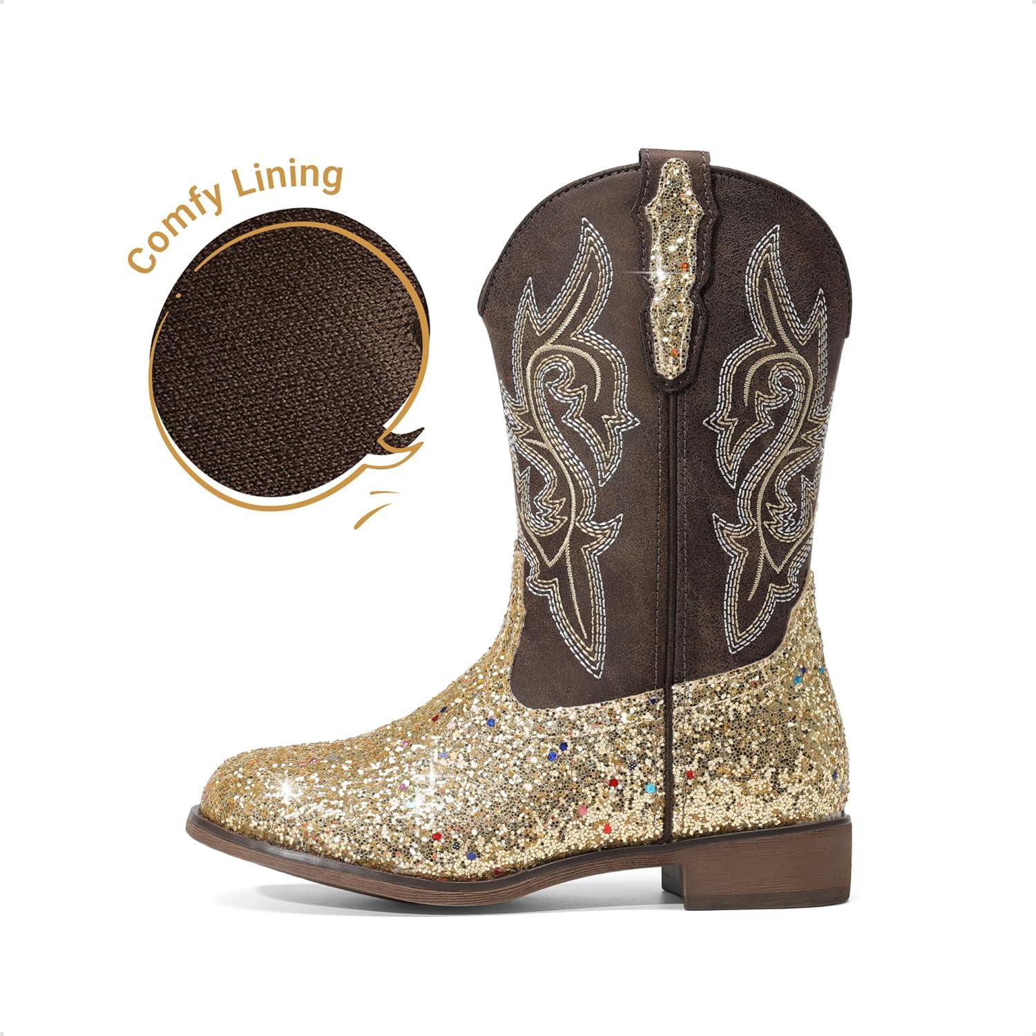 image:imageDREAM PAIRS Girls Cowgirl Boots Glitter Toddler Cowboy Boots Child Mid Calf Riding Shoes Party Birthday Dress Up for ToddlerLittleBig KidGold