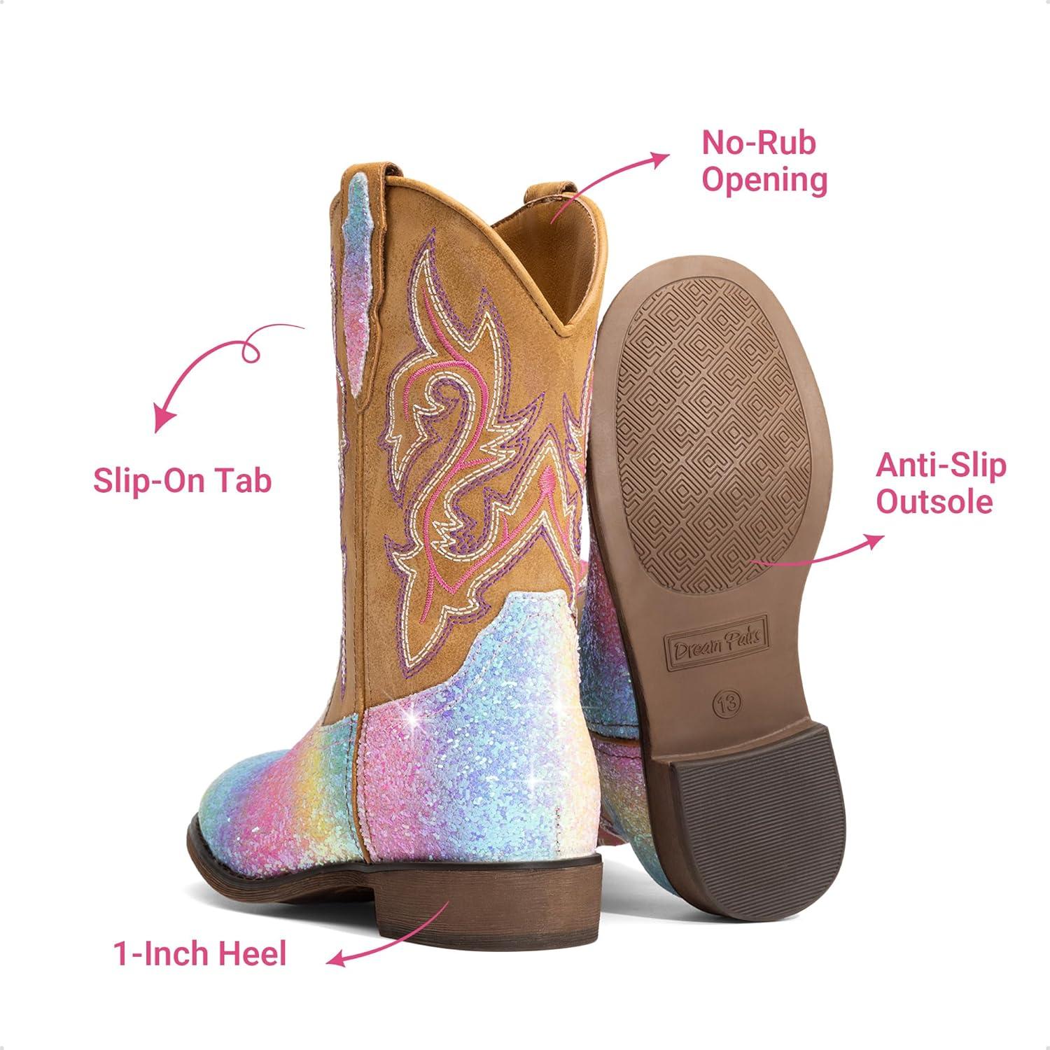 image:imageDREAM PAIRS Girls Cowgirl Boots Glitter Toddler Cowboy Boots Child Mid Calf Riding Shoes Party Birthday Dress Up for ToddlerLittleBig KidRainbow