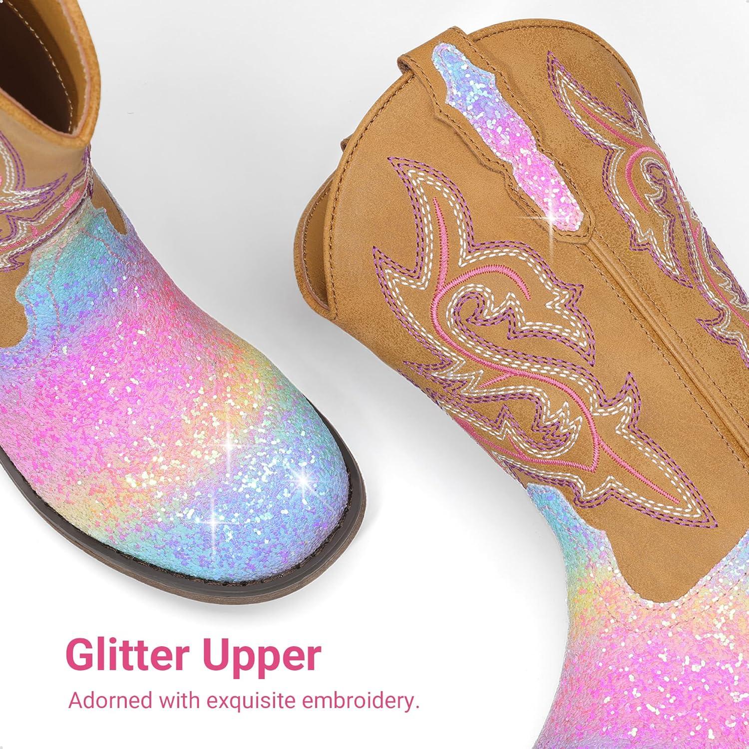 image:imageDREAM PAIRS Girls Cowgirl Boots Glitter Toddler Cowboy Boots Child Mid Calf Riding Shoes Party Birthday Dress Up for ToddlerLittleBig KidRainbow