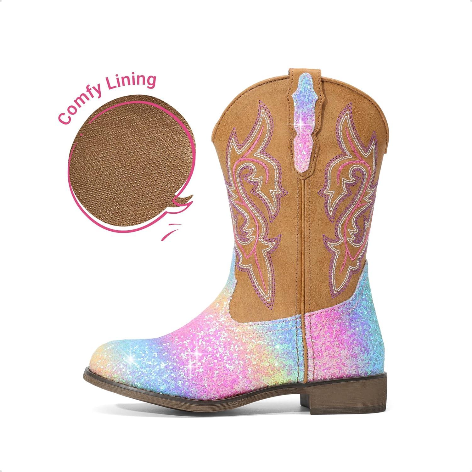 image:imageDREAM PAIRS Girls Cowgirl Boots Glitter Toddler Cowboy Boots Child Mid Calf Riding Shoes Party Birthday Dress Up for ToddlerLittleBig KidRainbow