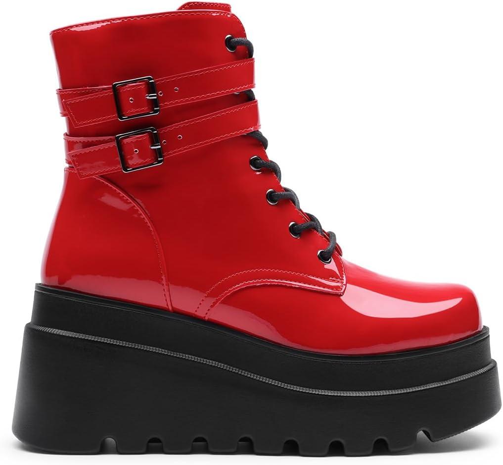 image:imageDREAM PAIRS Women Platform Combat Ankle Boots Goth Chunky High Heel Lace Up Motorcycle BootiesRed