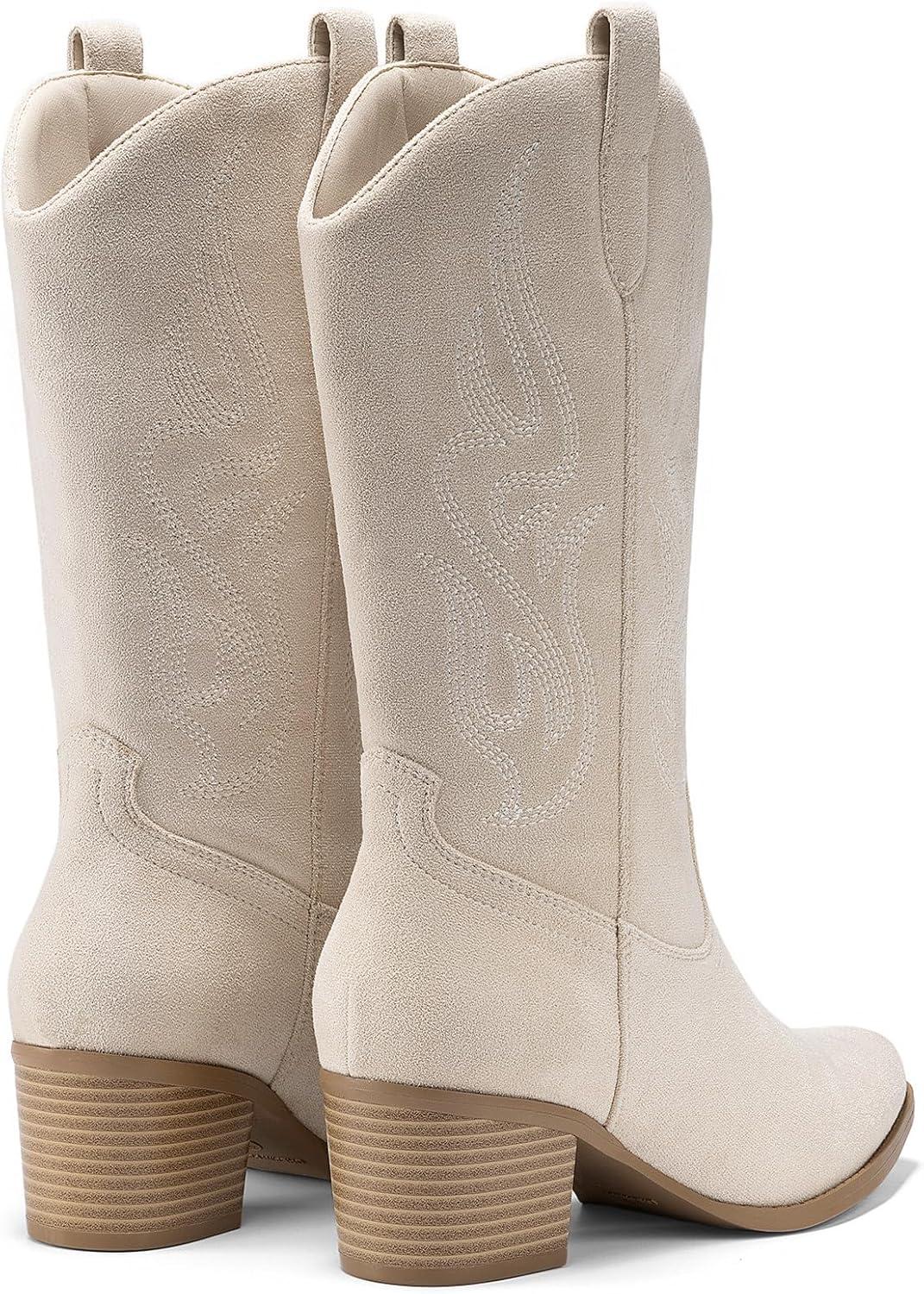 image:imageDREAM PAIRS Womens Square Toe Cowboy Mid Calf Western BootsBeige