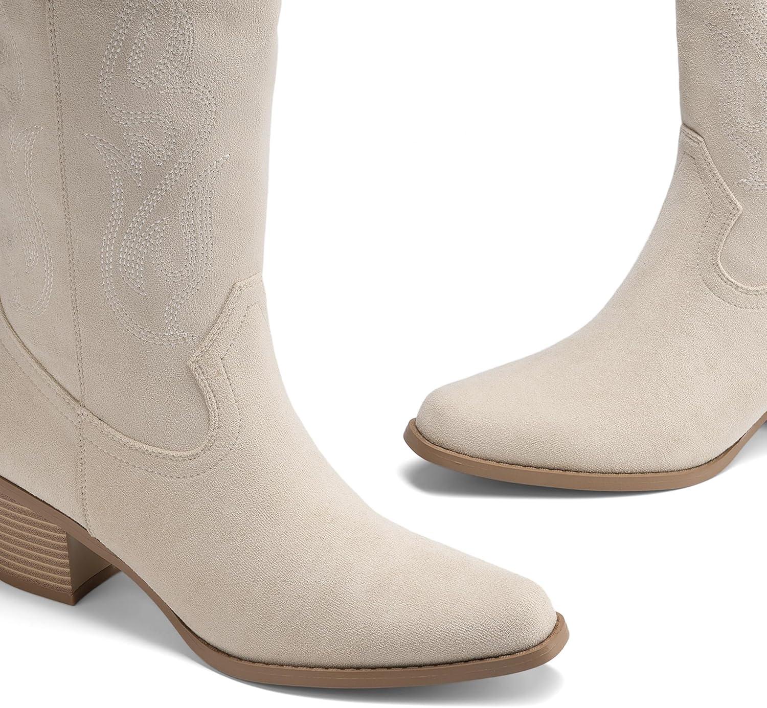 image:imageDREAM PAIRS Womens Square Toe Cowboy Mid Calf Western BootsBeige
